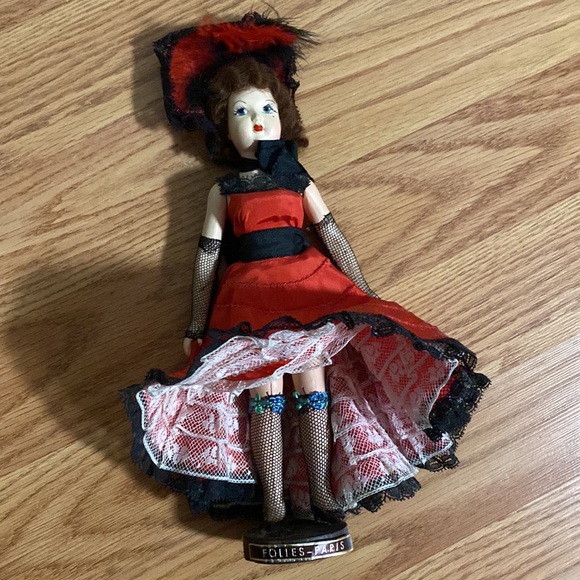 Vintage French Dancer 9” Doll Hair 1950s Garters Fishnet Lace Feather Hat - Picture 4 of 4